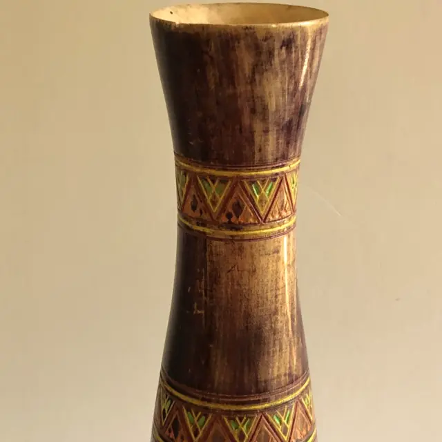 Vintage hand carved wood pedestal vase w etched and colorful paint morrocan