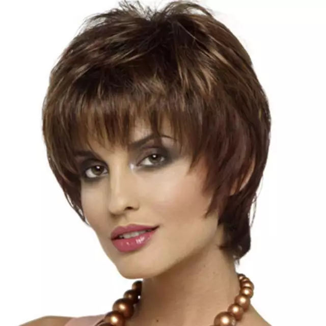 Women Short Pixie Cut Hair Wigs Ombre Brown Wig with Bangs Wavy Straight Hair