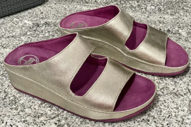 Fitflop Gold Leather & Fushia Suede Slide Sandal Size US 5 2