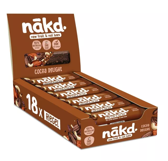 18 x 35 g frutteti Nakd Cocoa Delight senza zuccheri aggiunti cereali NUOVO MHD 11/24