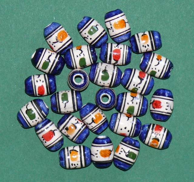 25 Peru Keramik Perlen 12 mm Blau + Muster, Olive oval, Inka Indianer Schmuck