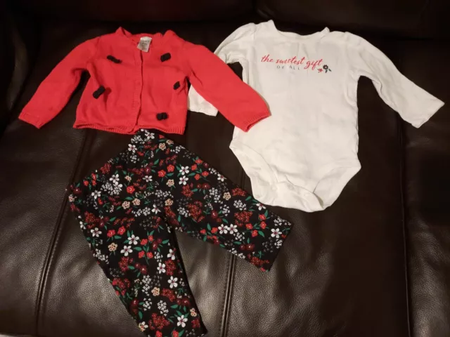 Baby Girl 6 Months Carter's 3 Piece Set Cardigan Bodysuit Bottoms Red Black Whit
