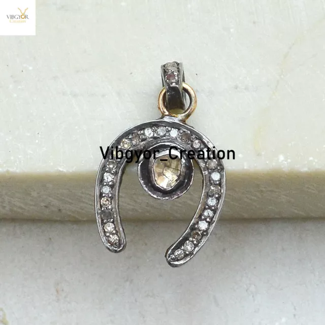 Natural Pave Diamond Horseshoe Charm 925 Sterling Silver Jewelry Polki Pendant