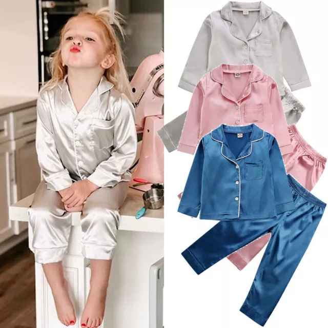 Kids Boys Girls Silk Pyjamas Nightwear Top Pants Pjs Set Satin Sleepwear Outfits