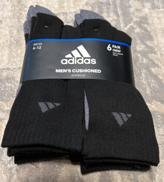 New Adidas Aeroready Cushioned Black Crew Socks Mens 6 Pair Shoe Sz 8-12