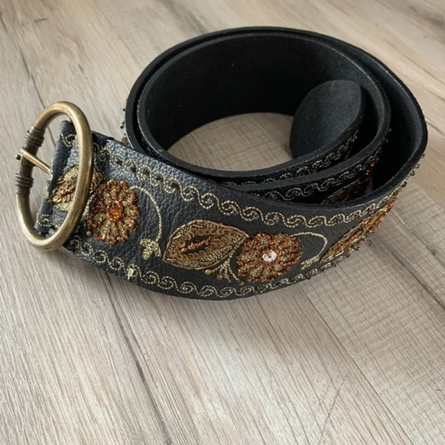 Genuine Leather Embroidered Beaded Floral Wide Belt Boho 90s Women's Size Large