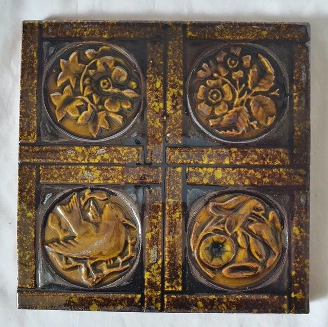 Charming Bird, Flower, Fruit Design 6 Inch Tile, Circa 19Th Century Arts Crafts