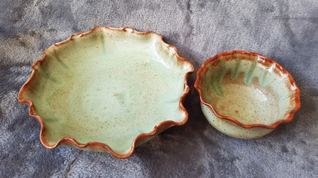 X2 Woburn Pottery Decorative Handmade Bowls Green/brown Glaze Glossy Finish