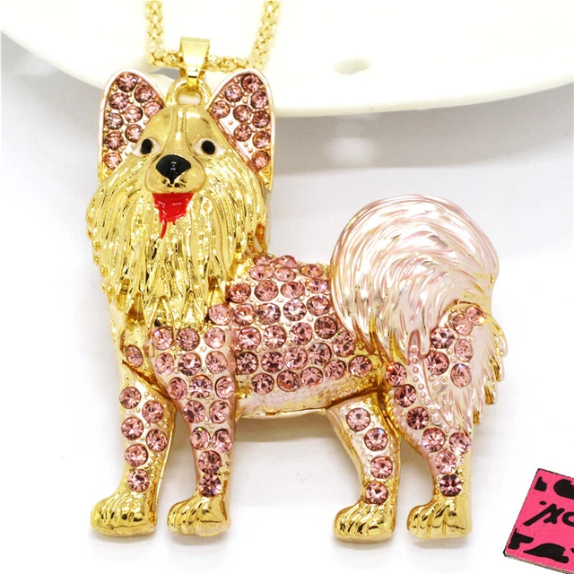 Betsey Johnson Pink  Rhinestone Cute Dog Crystal Pendant Chain Necklace