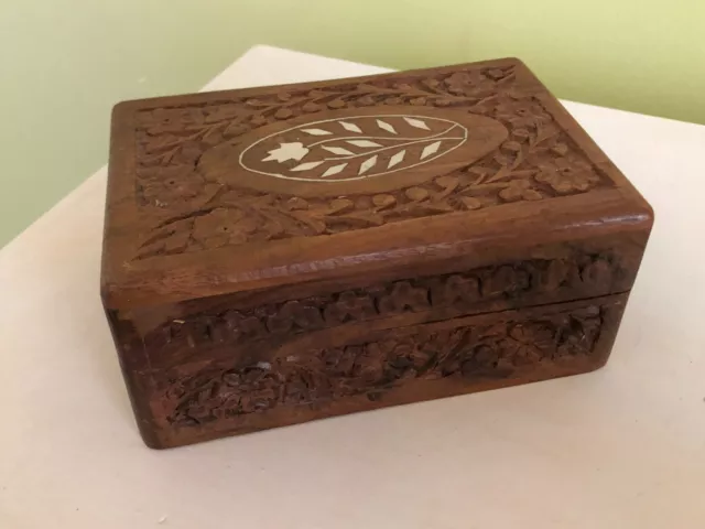 Vintage decorated Indian wooden jewellery box, with detailing & bone(?) inlay