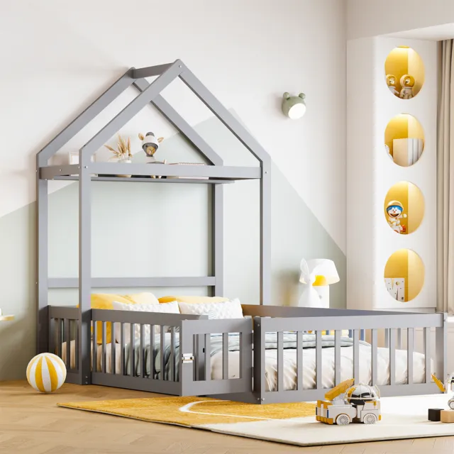 Bodenbett Hausbett Kinderbett 90x200 cm Bettgestell mit Fallschutzgitter Grau