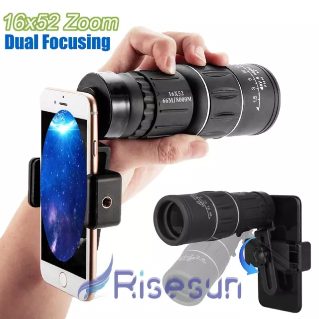 Dual Focusing 16x52 Zoom Lens Camera Monocular Telescope HD Scope Phone Holder