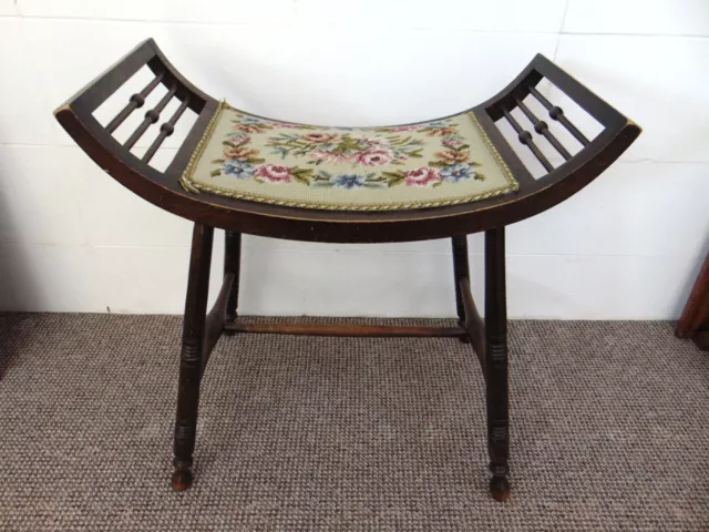 Beautiful Antique Arts & Crafts Tapestry Topped Curved Piano Stool