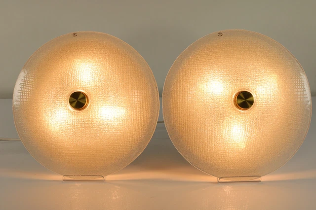 VTG Pair Mid Century Flush Mounts Structured Ice Glass Peill & Putzler