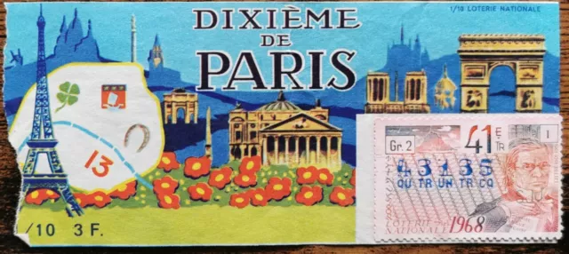 Billet de loterie nationale 1968 41e tr Gr2 - Dixième de Paris - Littré - 3 frs