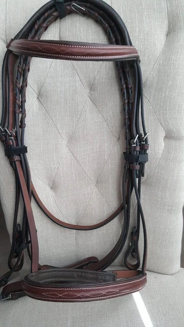 Bridon en cuir cousu fantaisie, muserolle rembourrée, couronne et frontal,...