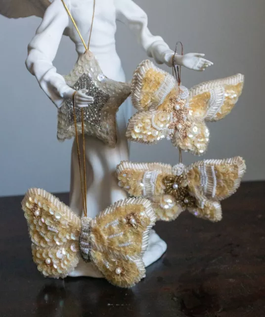 Lot of 4 Vintage Handmade Sequined Gold White Christmas Ornament Butterflies
