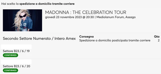  2 Biglietti concerto Madonna Milano Assago 23/11/2023