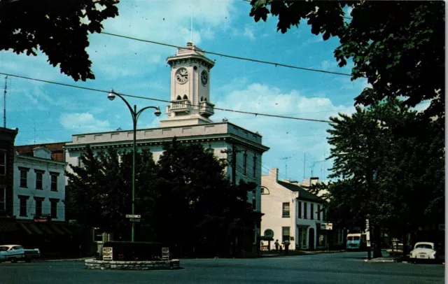 PA Greencastle Public Square First National Bank Town Clock Tower Vtg Postcard