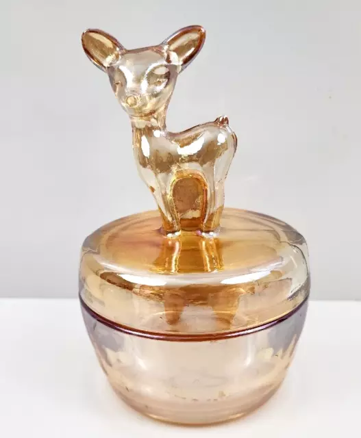 Vintage Jeanette Marigold Carnival Glass FAWN Deer Powder Trinket Covered Dish