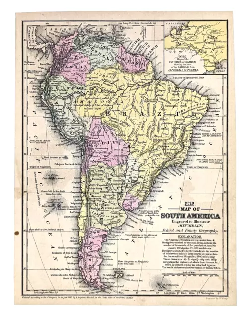 SOUTH AMERICA 1852 Original Mitchell Atlas Brazil Patagonia Chili Paraguay