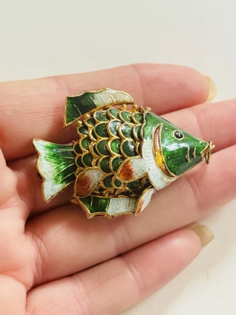 Cloisonne TropicalFish Articulated Charm Pendant Vtg Enamel Guilloche Green Fish