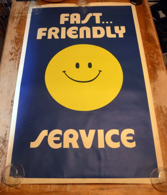 Vintage Fast... Friendly Service Smiley Face Gas Station Poster. 1970'S 44 X 28
