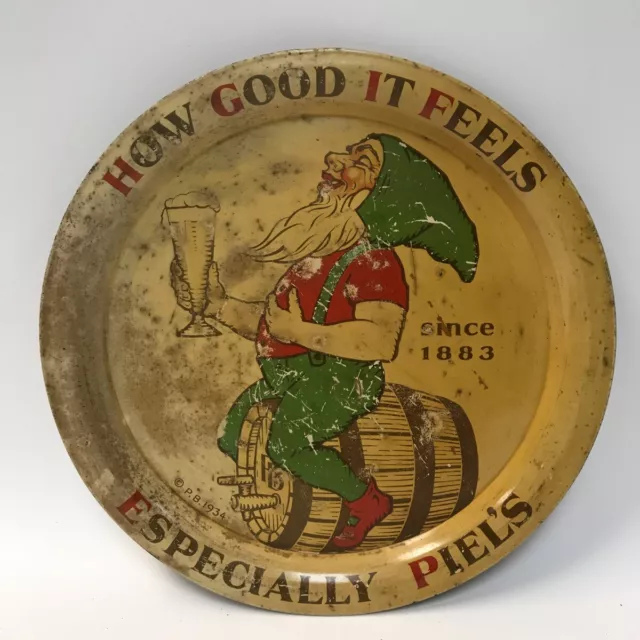 1934 Piel's 13" Beer Tray P.B. Advertising "How Good It Feels" Rare NICE Antique