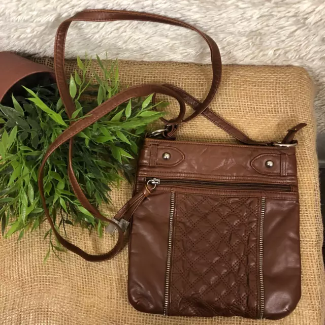 Womens Crossbody Bag Brown Quilted Adjustable Strap Zipper S