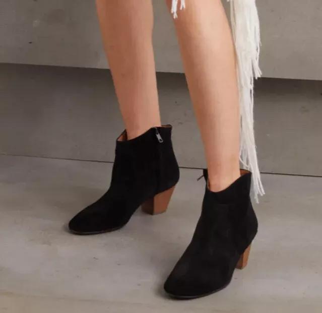 £495 Isabel Marant ‘Dicker’ Suede Leather Cowboy Western Ankle Boots Black 38 5