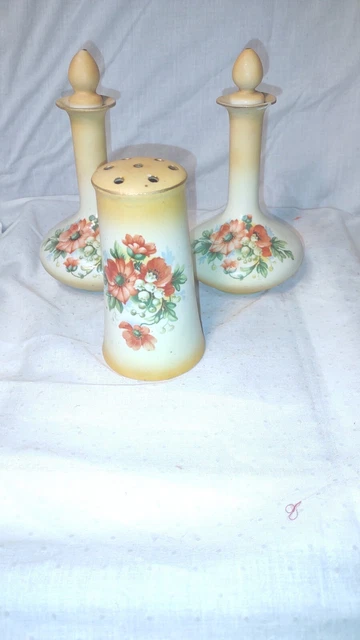 Antique Austrian 3 pcs vase/HatPin Holder + 2 Bud Vases With Tops.  Hand painted