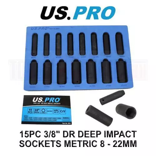 Juego de zócalos de impacto profundo US PRO Tools 15PC 3/8" DR 6PT métrica 8 - 22MM 3831