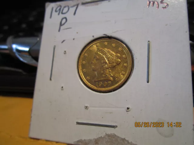 1907 P Gold $2.50 Quarter Dollar Mint State +++++ 3