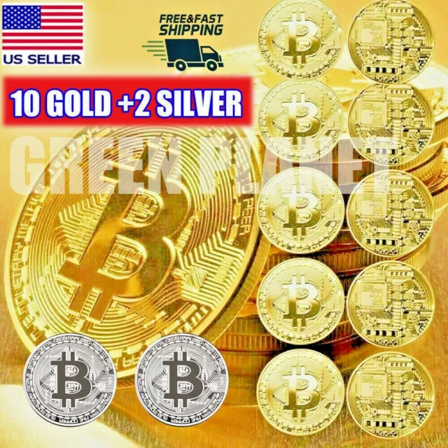 12 Pcs Gold & Silver Bitcoin Coins Commemorative Collectors Gold Plated Bit Coin