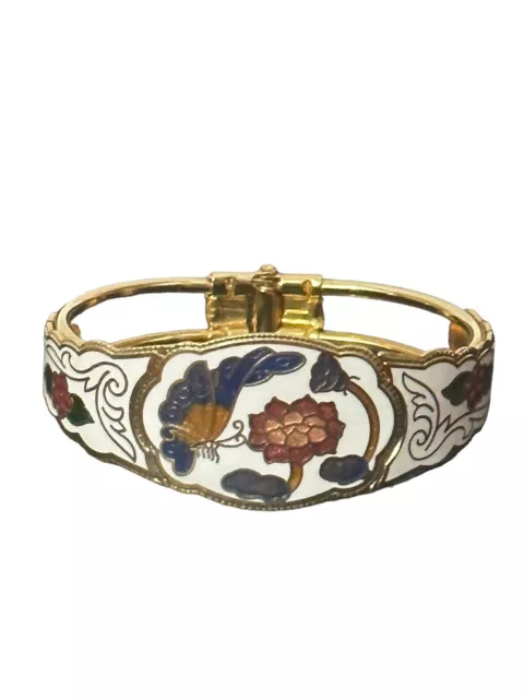 Vintage Cloisonne Enamel Butterfly Flower Clamper Hinged Bracelet White Gold 7”