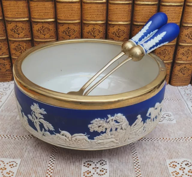 Portland Cobalt Blue Jasperware Salad Bowl & Servers EPNS Adams England