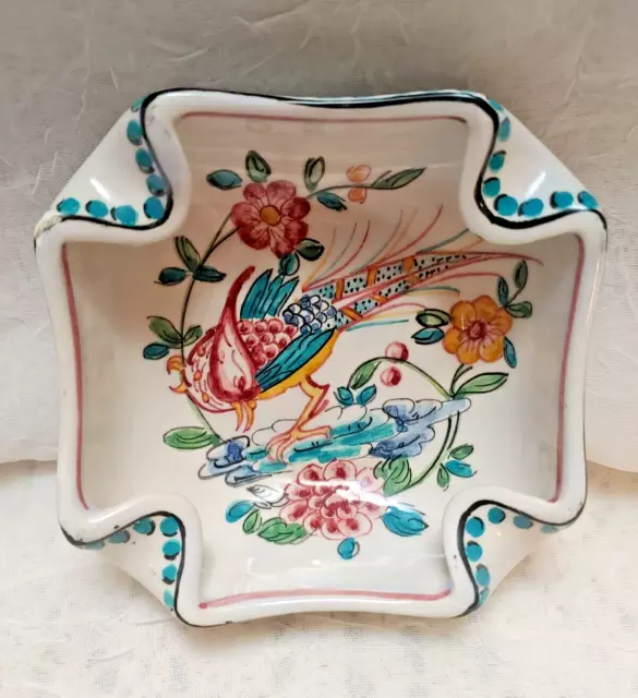 Portuguese Hand Painted Bird Floral Trinket Dish or Ashtray Signed by Artist