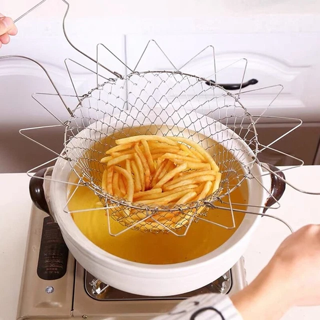 Foldable Steam Rinse Strain Fry French Chef Basket Drainer Mesh Strainer Net