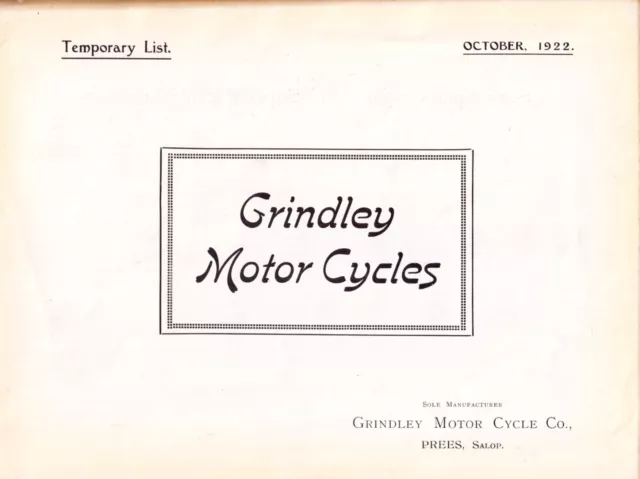 GRINDLEY MOTOR CYCLES ~ 1922 ~ JAP Semi Sports Sports & Super Sports ~ BROCHURE