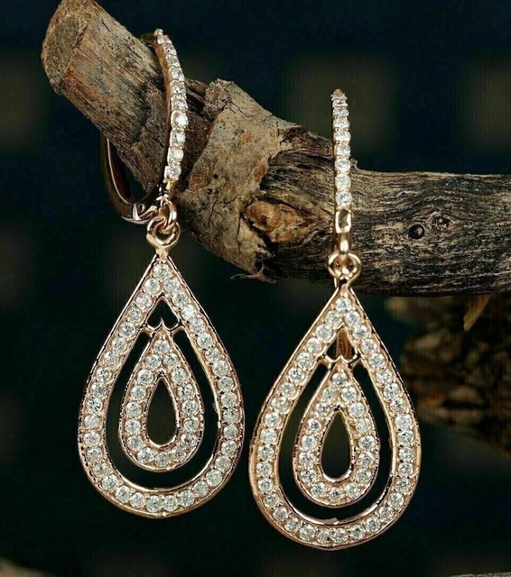 LAB CREATED DIAMOND 2Ct Round Cut DropDangle Earrings 14K Yellow Gold