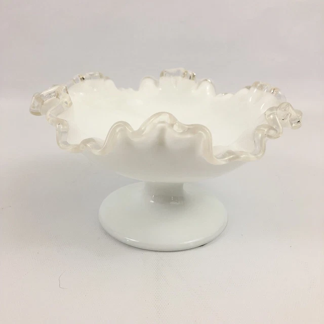 Fenton Silver Crest Milk Glass Footed Candy Dish with Ruffled Edge ART Vintage