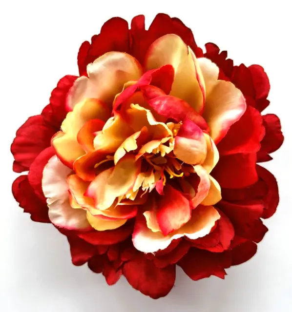 Large 6.5" Red & Yellow Peony Silk Artificial Flower BROOCH Pin