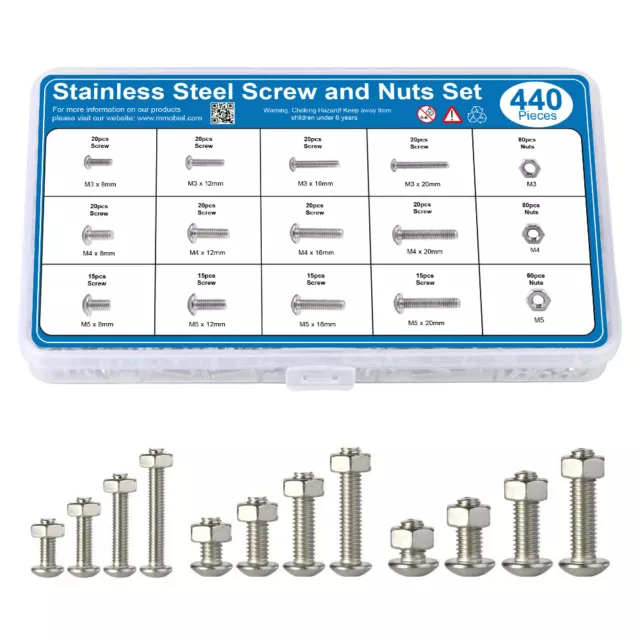 440 pcs Vis et écrous en acier inoxydable Vis à tête creuse hexagonale
