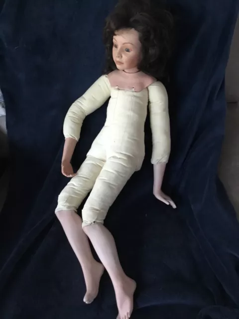 Hand Painted Bisque Doll Head w/Stitched Cloth Body, Real Hair approx 28" 
