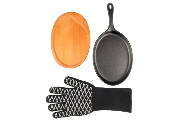 Pre-Seasoned Cast Iron Skillet 3pc Set with Wood Serving Tray and Heat Resistant