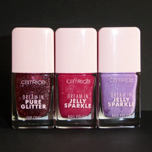 3 Nagellacke von CATRICE Pure glitter & Jelly sparkle in rot lila flakies