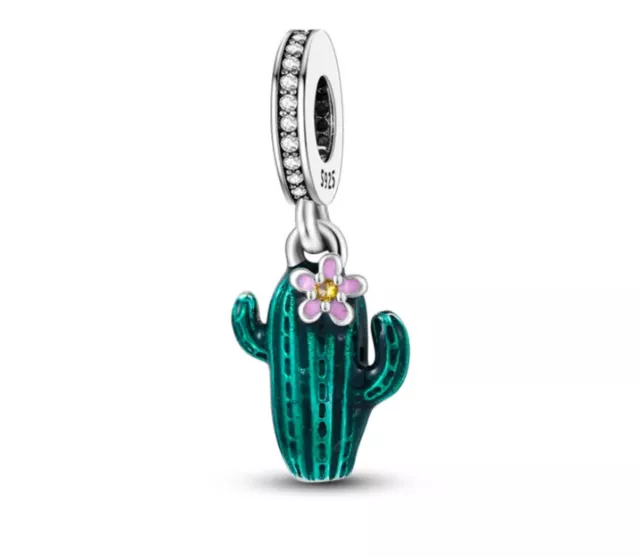 Genuine Sterling Silver 925 Cactus Flower charm Mexican Green Flower Plant Love