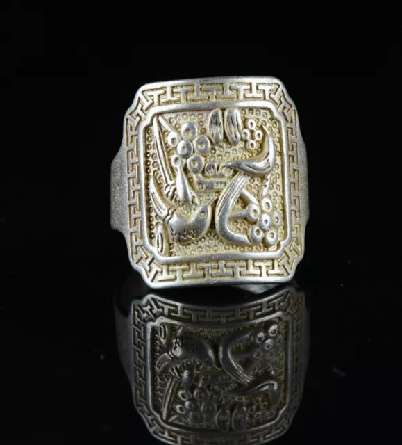 2.5CM Rare Chinese Miao Silver Feng Shui Flower Bird Jewelry Fingerstall Ring