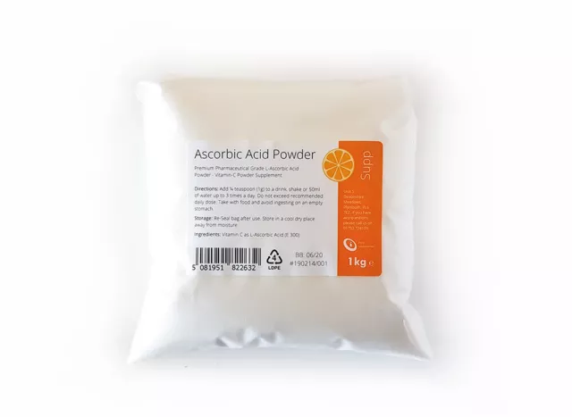 L Ascorbic Acid Vitamin C - 1kg - Non GMO 100% Pure Pharmaceutical Grade Powder