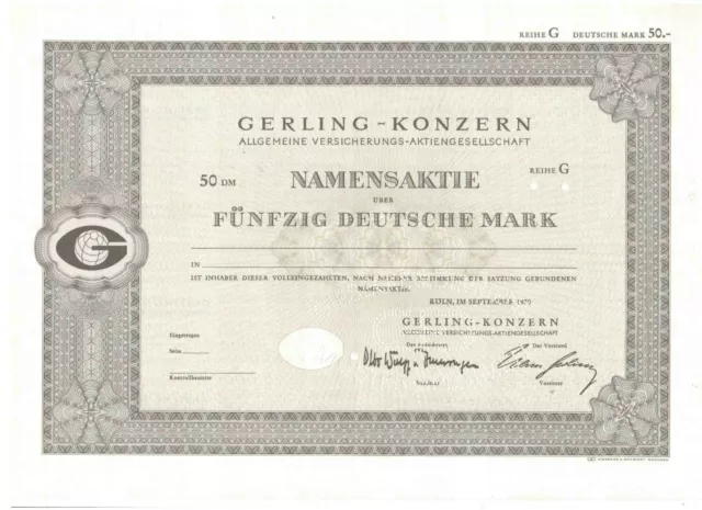 Gerling Konzern Allgemeine Versicherungs AG 50DM Köln 1970  G&D Musteraktie